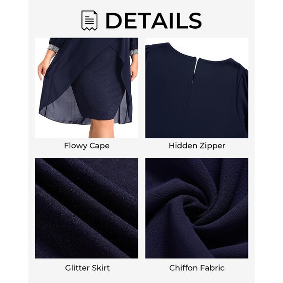 Plus Size Cocktail Dress Chiffon Cape Glitter Evening Wedding Guest - Picture 5 of 5